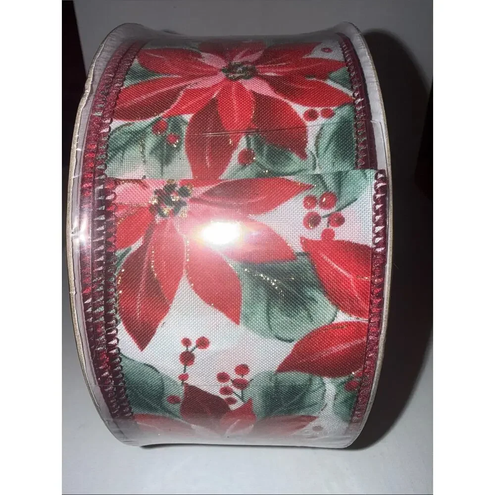 Holiday Poinsettia Wired-Edge Ribbon - Red and Green
